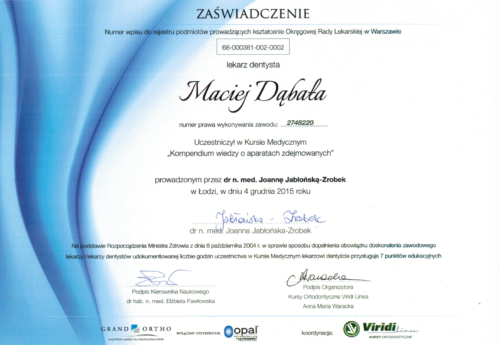 Ortodoncja dabala Katowice - niewidoczna ortodoncja - dyplom 