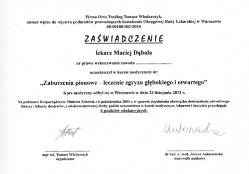 Ortodoncja dabala Katowice - niewidoczna ortodoncja - dyplom 